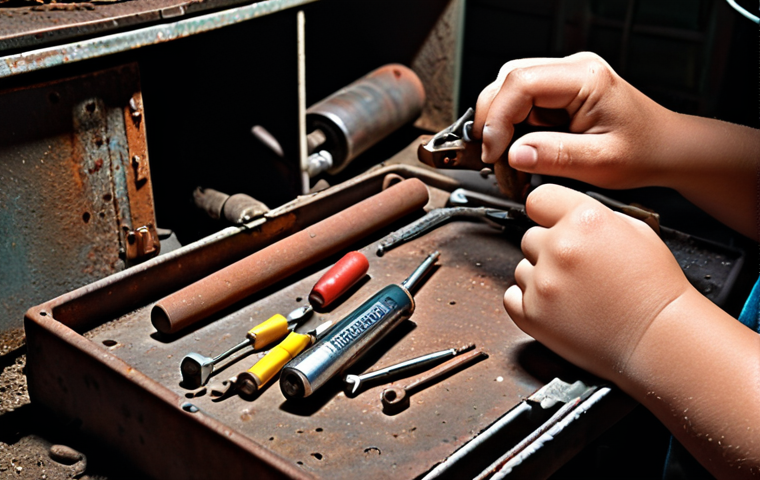 **

Close-up of a child dismantling an old, rusty battery with basic tools. The background should be a dimly lit garage or shed, emphasizing curiosity and the (slightly dangerous) exploration of how things work. Emphasize oxidation/reduction colors in the materials.

**