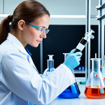 A professional female organic chemist, fully clothed in a clean lab coat and safety glasses, meticulously working on a sophisticated experiment in a high-tech laboratory. The scene blends traditional and modern elements: classic glass flasks and beakers with subtly glowing, colorful chemical solutions are in the foreground, representing the art of synthesis. In the background, advanced automated synthesis robots and equipment are visible, with digital displays showing complex molecular structures and reaction progress. The setting is bright, clean, and features professional studio lighting. Perfect anatomy, correct proportions, natural pose, well-formed hands, proper finger count, natural body proportions. Professional photography, high detail, intricate glassware, precise robotic arms, sharp focus, vibrant colors, scientific illustration quality. Safe for work, appropriate content, fully clothed, professional, modest, family-friendly.