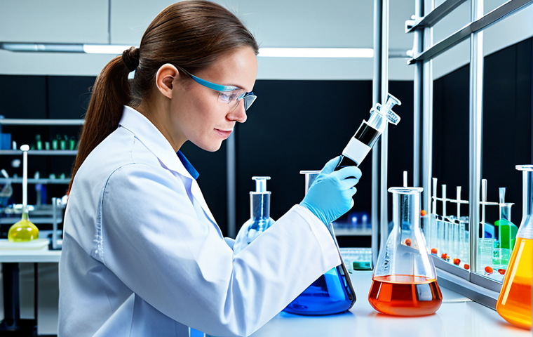 A professional female organic chemist, fully clothed in a clean lab coat and safety glasses, meticulously working on a sophisticated experiment in a high-tech laboratory. The scene blends traditional and modern elements: classic glass flasks and beakers with subtly glowing, colorful chemical solutions are in the foreground, representing the art of synthesis. In the background, advanced automated synthesis robots and equipment are visible, with digital displays showing complex molecular structures and reaction progress. The setting is bright, clean, and features professional studio lighting. Perfect anatomy, correct proportions, natural pose, well-formed hands, proper finger count, natural body proportions. Professional photography, high detail, intricate glassware, precise robotic arms, sharp focus, vibrant colors, scientific illustration quality. Safe for work, appropriate content, fully clothed, professional, modest, family-friendly.