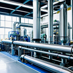A highly advanced, professional chemical recycling facility. The image shows the clean, futuristic interior of a large industrial plant with intricate pipelines, purification systems, and sophisticated machinery actively transforming plastic waste. Bright, clean light illuminates the sterile environment, highlighting technological precision and efficiency. Professional photography, high quality, perfect anatomy, correct proportions, safe for work, appropriate content, fully clothed, modest.