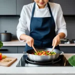 열화학 - A warm, inviting modern kitchen scene. A female chef, dressed in a neat apron over a long-sleeved sh...