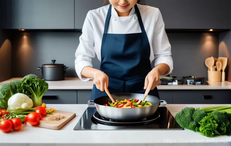 열화학 - A warm, inviting modern kitchen scene. A female chef, dressed in a neat apron over a long-sleeved sh...