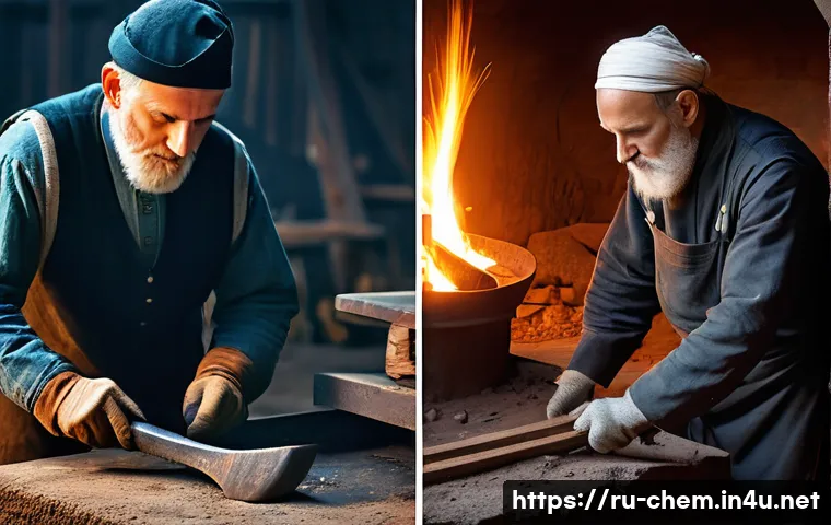 기초 무기화학 - **The Evolution of Materials: From Ancient Craft to Modern Marvels**
    A split image composition, ...