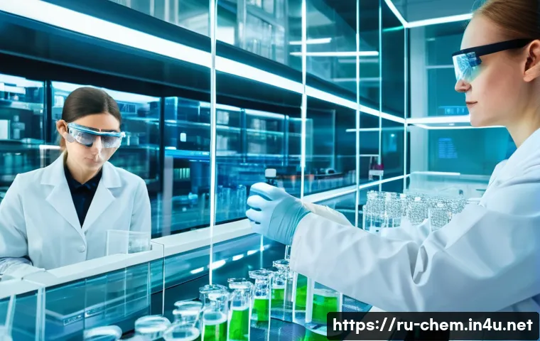 화학의 발전 방향 - A high-tech laboratory scene in a modern Russian research institute focused on nanotechnology in che...
