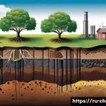Home 21 무기화합물의 환경적 영향 - A detailed cross-sectional illustration of soil layers contaminated by military chemical residues, s...