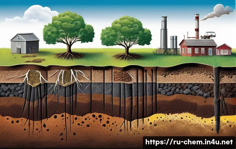 무기화합물의 환경적 영향 - A detailed cross-sectional illustration of soil layers contaminated by military chemical residues, s...