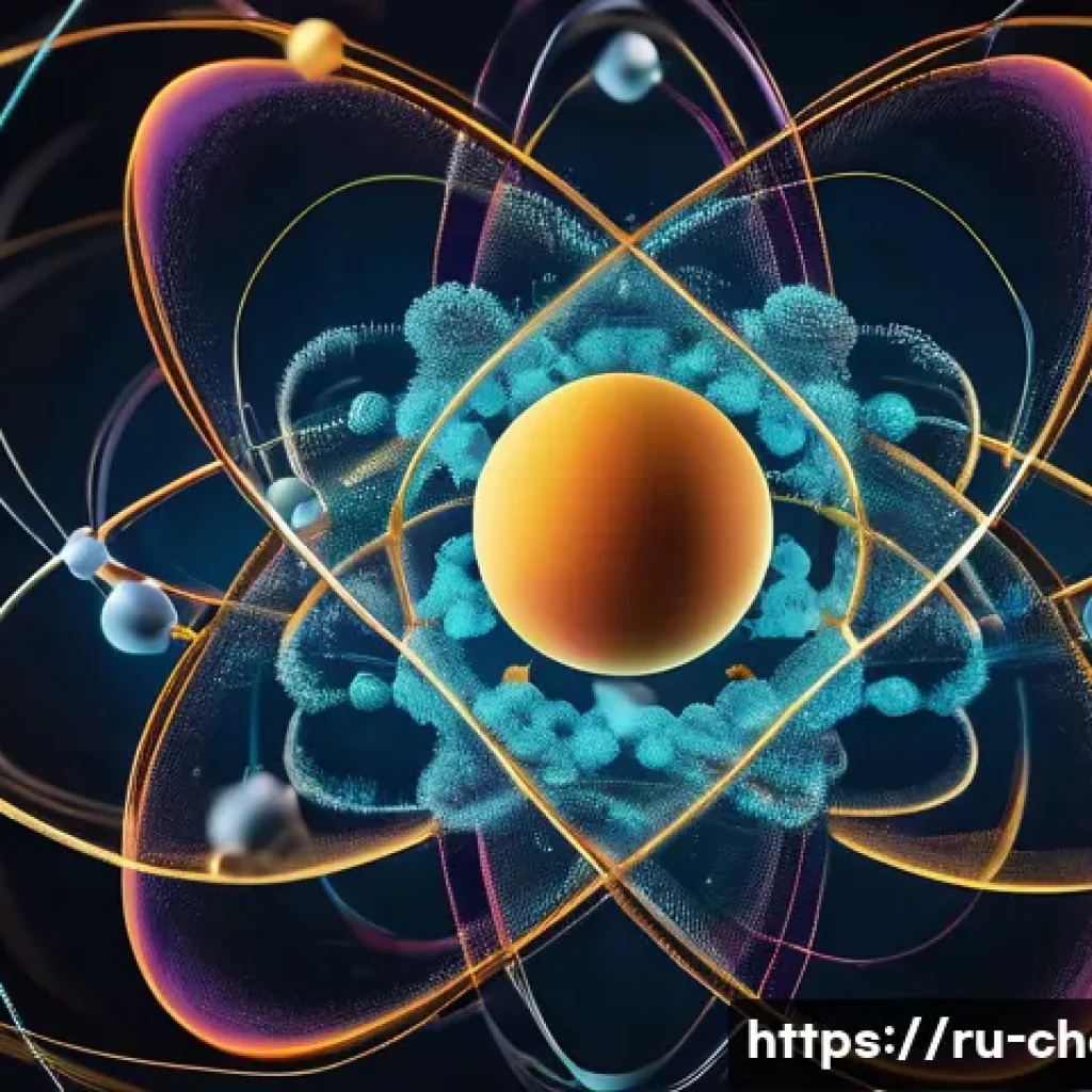 원자 및 분자의 구조 - A highly detailed scientific illustration of an atom showing multiple electron orbitals around the n...