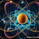 Home 20 원자 및 분자의 구조 - A highly detailed scientific illustration of an atom showing multiple electron orbitals around the n...