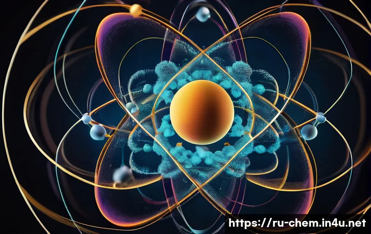 원자 및 분자의 구조 - A highly detailed scientific illustration of an atom showing multiple electron orbitals around the n...