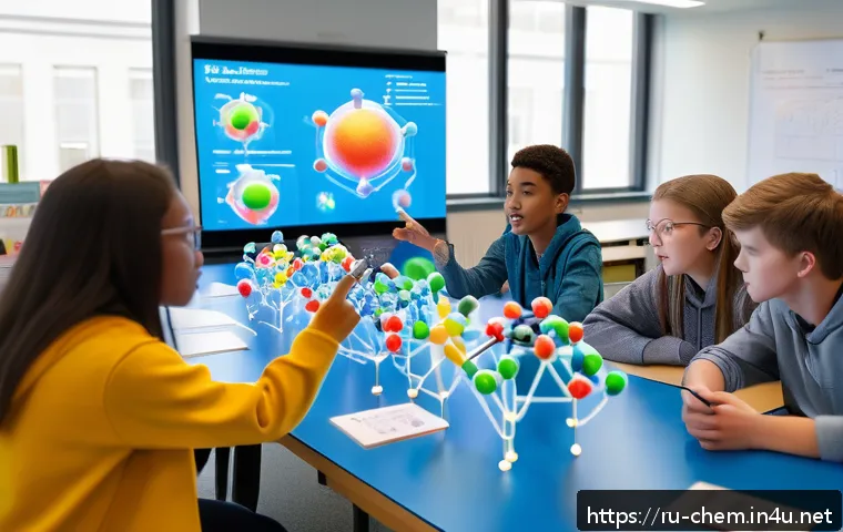 화학 수업을 위한 AI 활용 - A vibrant classroom scene showing a diverse group of teenage students actively engaged with a large ...