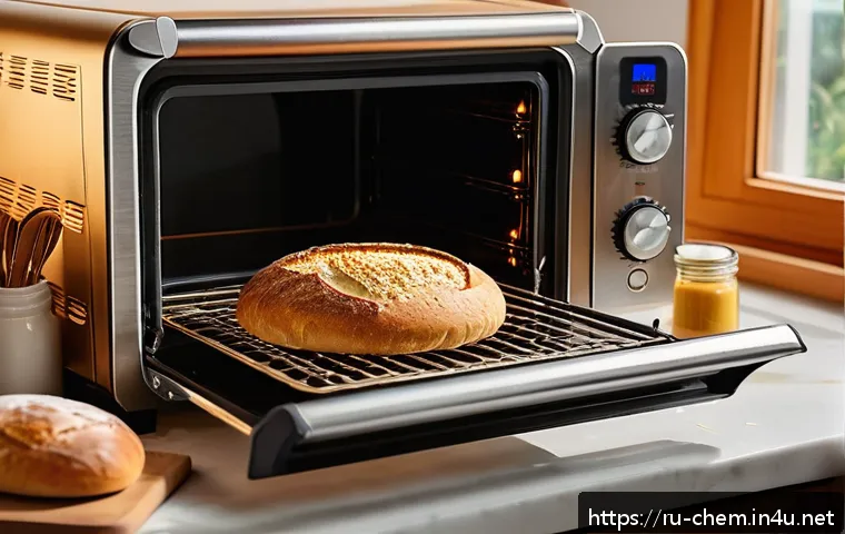 화학적 사고와 논리 - A cozy modern kitchen scene showing a person baking bread in an electric oven, carefully monitoring ...