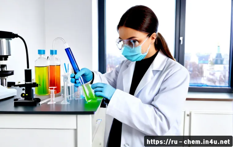 Home 31 분석화학 - Photorealistic analytical chemistry laboratory, Russian female scientist in a clean white lab coat a...