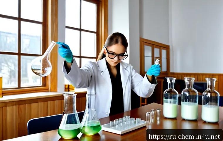 Home 30 화학반응속도론 - Photorealistic university chemistry laboratory, a Russian science student in safety goggles and whit...